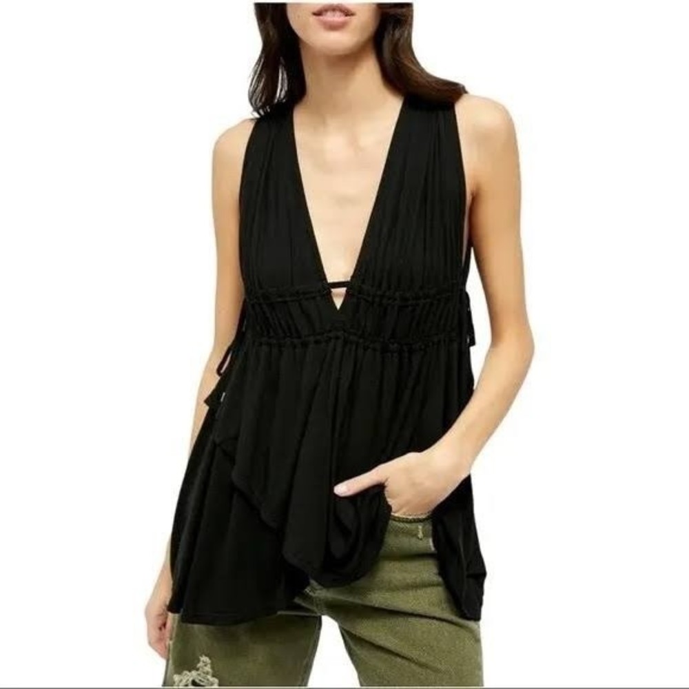 Free People Black Plunging V-Neck Tank Top